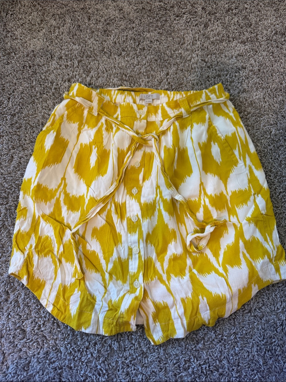 LOFT Yellow and White Ikat Tie-Waist Shorts